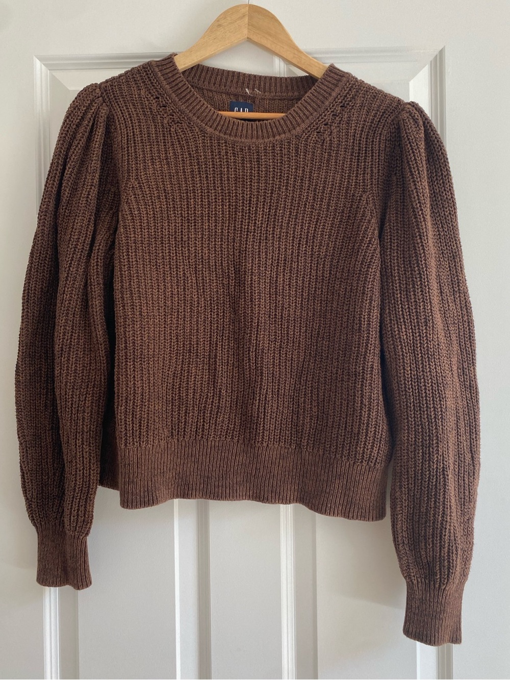 Brown Cotton Puff-Sleeve Woven Sweater, Sz M